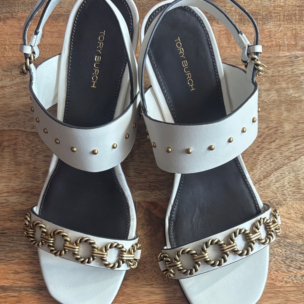 Tory Burch VINTAGE PLAQUE WEDGE SANDALS IN NEW IVORY